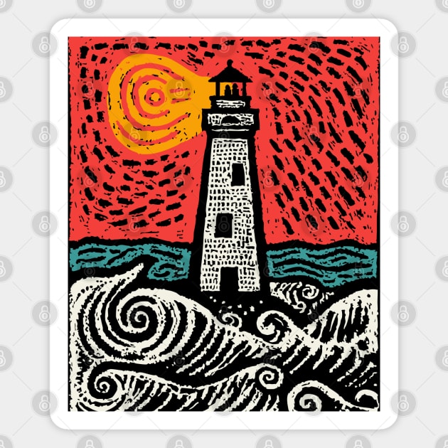 Beacon in the Storm | Linocut Lighthouse Art Magnet by TuncGK